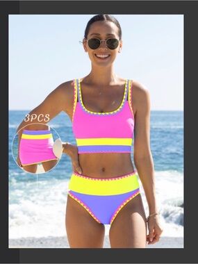 Popvil Women’s Bright Colorblock High-Waist Swim Set - Pink & Yellow & Purple